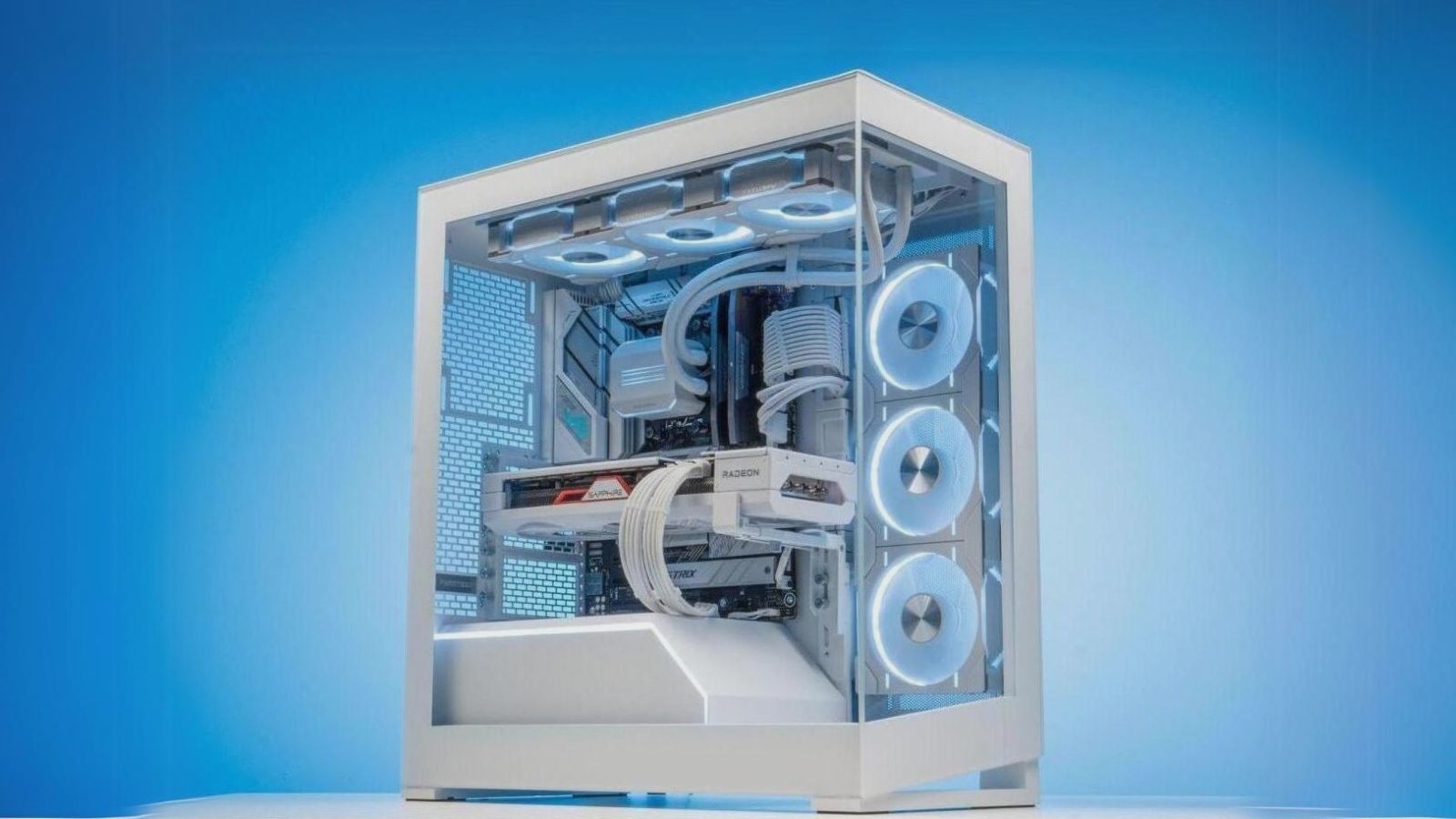 White custom gaming PC with blue lighting