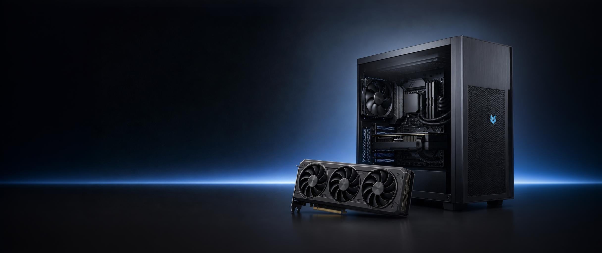 Black workstation PC with graphics card on a blue lit background